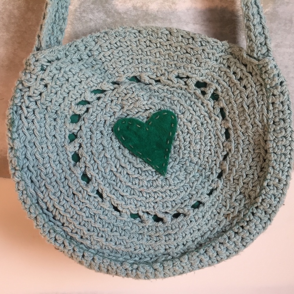 Handmade Green Crochet Purse W/Heart Emblem
